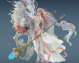 female anime character wearing white dress beside white unicorn