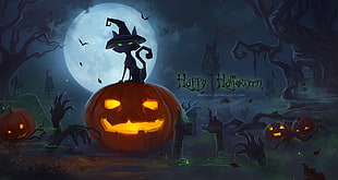 Happy Haloween digital wallpape, Halloween, pumpkin, vector art, black cats