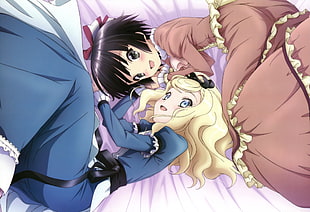blonde hair female anime girl beside black hair female anime girl laying on bed HD wallpaper