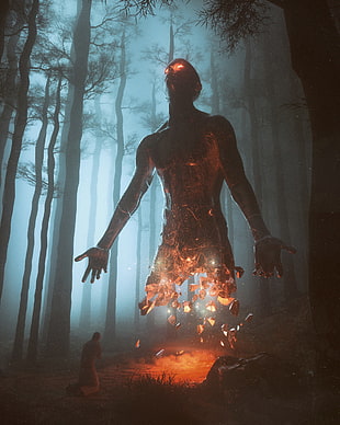 statue and man in forest illustration, beeple, digital art, 3D, forest