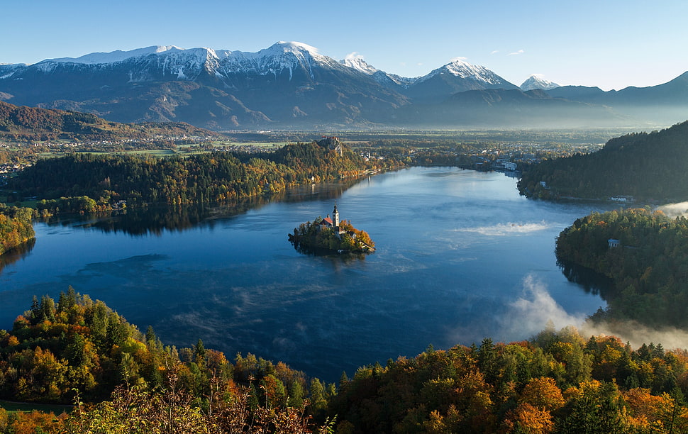 island on a lake, castle, river, mountains, Slovenia HD wallpaper
