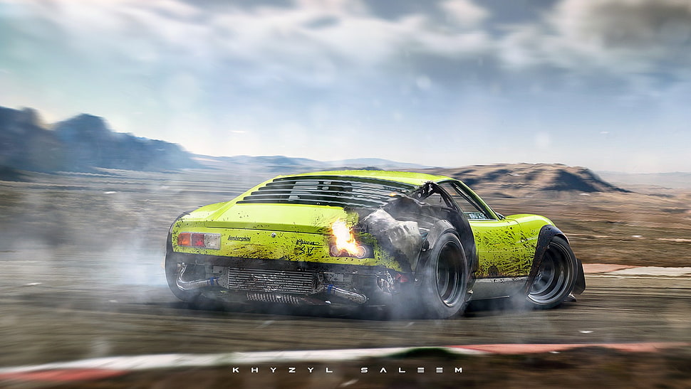 green stocked car, car, artwork, Lamborghini, Khyzyl Saleem HD wallpaper