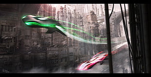 red and green selective color photography of vehicles in the city, industrial, aircraft, futuristic