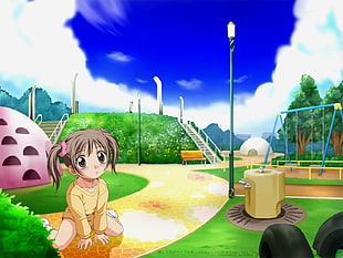 brown haired girl in yellow long-sleeved top sitting on playground pathway anime character digital wallpaper