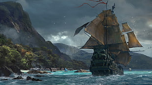 black and brown ship on sea wallpaper, video games, ship, sea, island