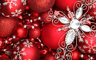 red Christmas bauble lot, New Year, Christmas ornaments , decorations, snowflakes HD wallpaper