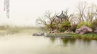 body of water oriental painting, painting, Japanese Art, Asian architecture, cherry blossom HD wallpaper