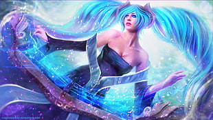 blue-haired female game hero digital wallpaper