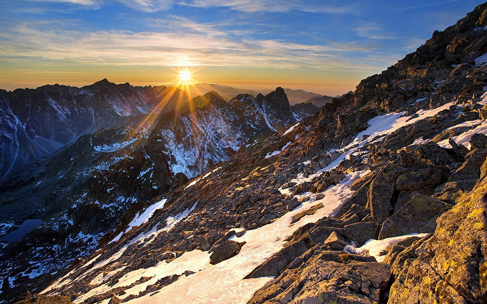 snow mountain, nature, sunset, mountains, landscape HD wallpaper