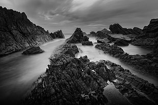 grayscale photography of rock cliff