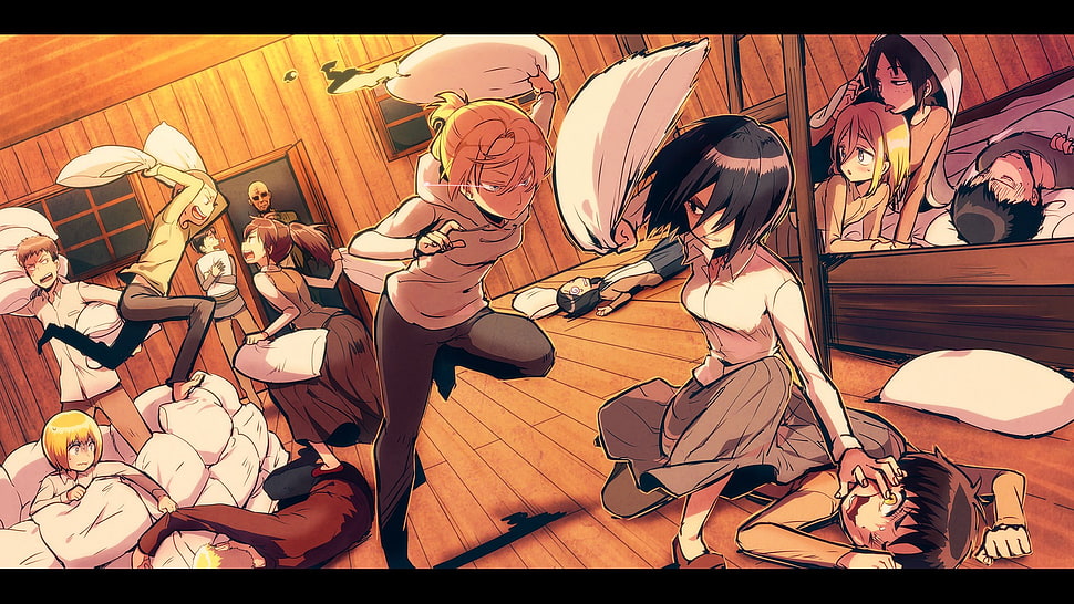 anime characters playing pillow fight HD wallpaper