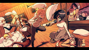 anime characters playing pillow fight
