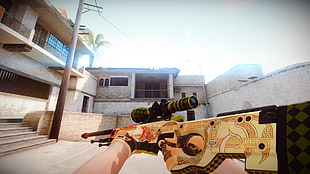 beige and brown sniper rifle, Counter-Strike, Counter-Strike: Global Offensive, Accuracy International AWP, Dragon Lore HD wallpaper
