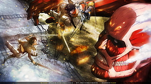 Attack on Titan illustration, Shingeki no Kyojin, Eren Jeager, Mikasa Ackerman, Armin Arlert HD wallpaper