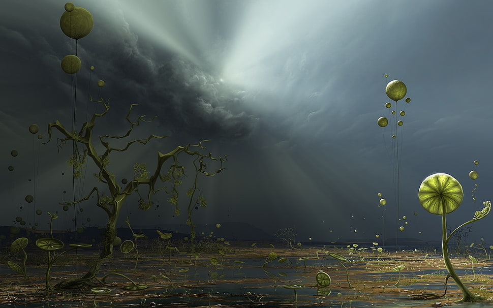 green leafed plant under the comulus clouds, trees, balloon, abstract, artwork HD wallpaper