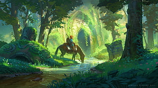 person riding brown horse in forest wallpaper, artwork, The Legend of Zelda, The Legend of Zelda: Breath of the Wild, Link HD wallpaper
