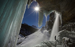 frozen cave, nature, landscape, waterfall, moonlight