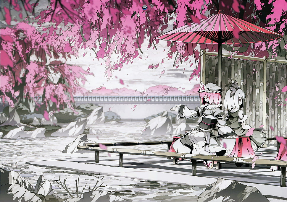 anime digital wallpaper, Touhou, Konpaku Youmu, Saigyouji Yuyuko, pink HD wallpaper