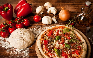 cooked pizza, dough, and recipes HD wallpaper