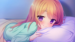 girl with red hair wearing green sweatshirt lying on bed anime character