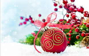 red and gold Christmas bauble, Christmas, New Year, Christmas ornaments , berries HD wallpaper