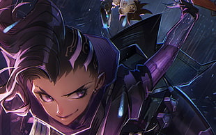 purple-haired female character digital wallpaper, Overwatch, video games, Sombra (Overwatch), artwork