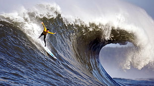 men's yellow shirt, sea, men, surfing, surfers HD wallpaper