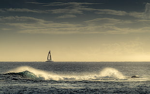 ocean wves, sea, nature, boat, clouds HD wallpaper