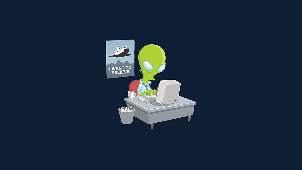 white wooden 2-tier table, simple background, digital art, aliens, computer HD wallpaper