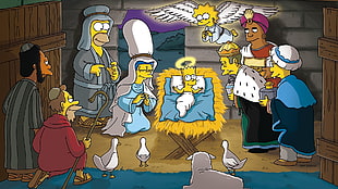 The Simpsons Nativity Scene poster, The Simpsons, Christmas, Homer Simpson, Marge Simpson HD wallpaper