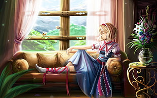 woman anime character sitting on the sofa while looking on the window poster