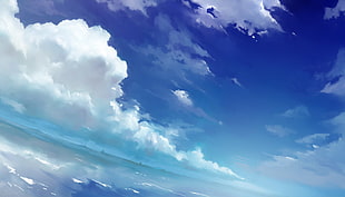 white and blue abstract painting, sky, clouds, sea