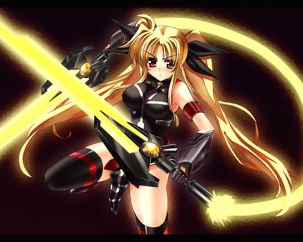 girl holding two swords 2D character HD wallpaper