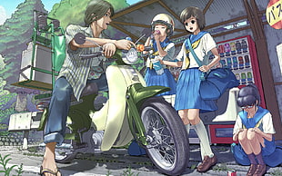 anime characters with school girls with man on motorcycle illustration