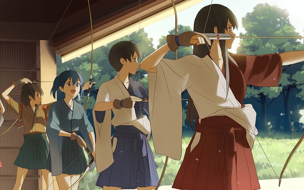 group of archers anime scene HD wallpaper