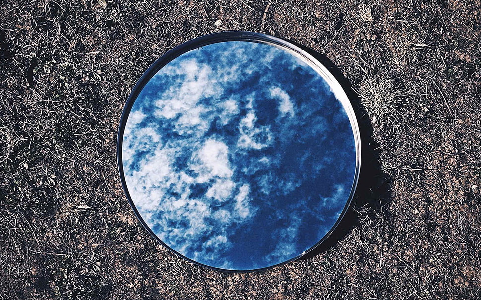round silver framed mirror, mirror, ground, sky, reflection HD wallpaper