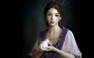 woman in white and purple shirt holding glass digital painting