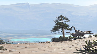 green pine tree, dinosaurs, Simon Stålenhag HD wallpaper