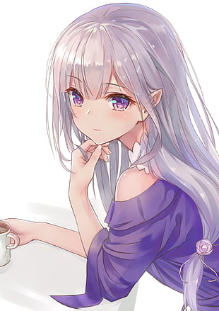 girl with gray hair wearing purple tops anime character illustration