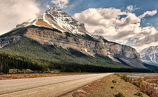 concrete road and mountain under blue sky and white clouds photo, nature, mountains, forest, road