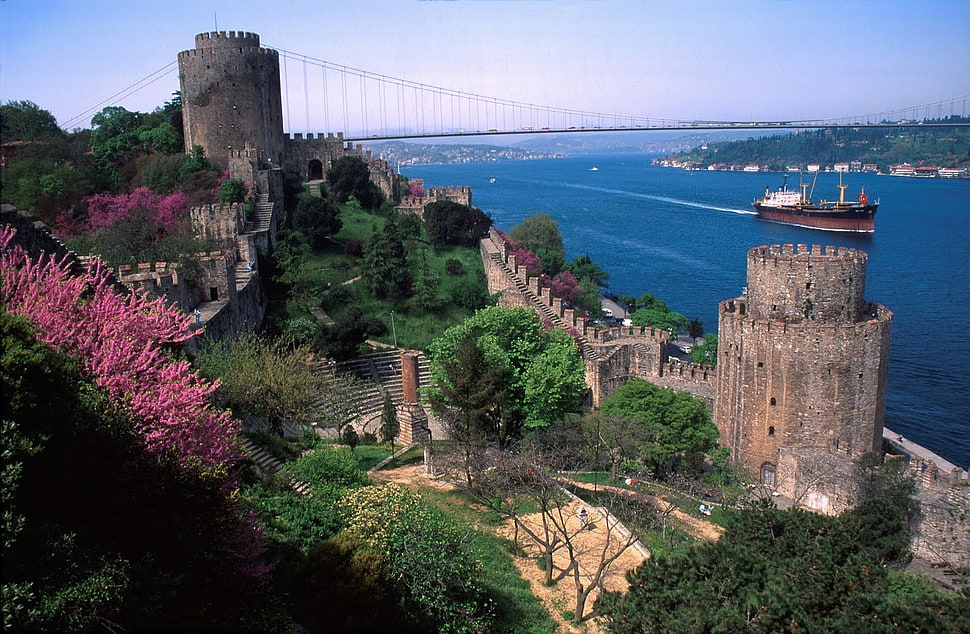 gray castle landmark, Turkish, bridge, castle, river HD wallpaper