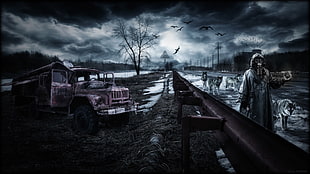 wolf with train rail under white and black sky