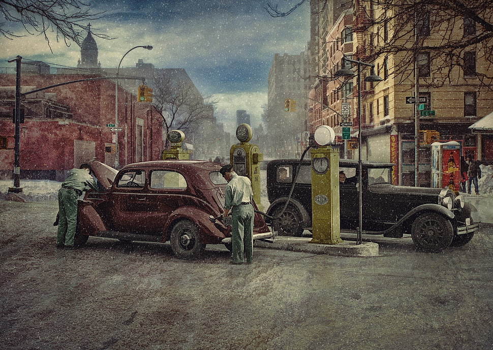 two classic black and brown cars painting, 1930 (Year), artwork, New York City, car HD wallpaper