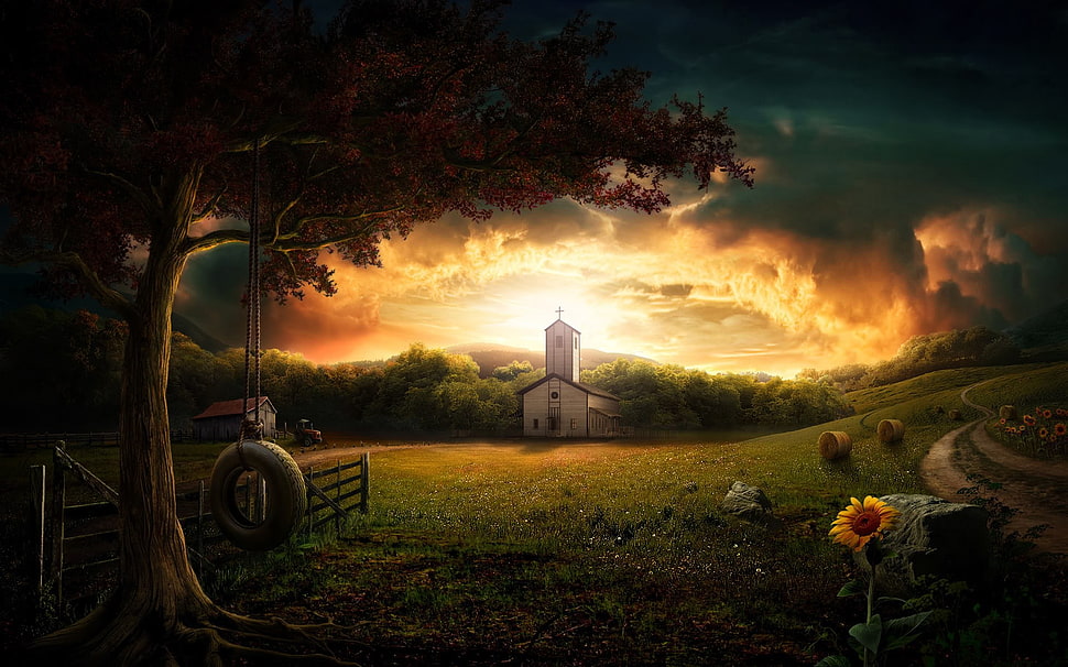 yellow sunflower, church, landscape, fantasy art, flowers HD wallpaper