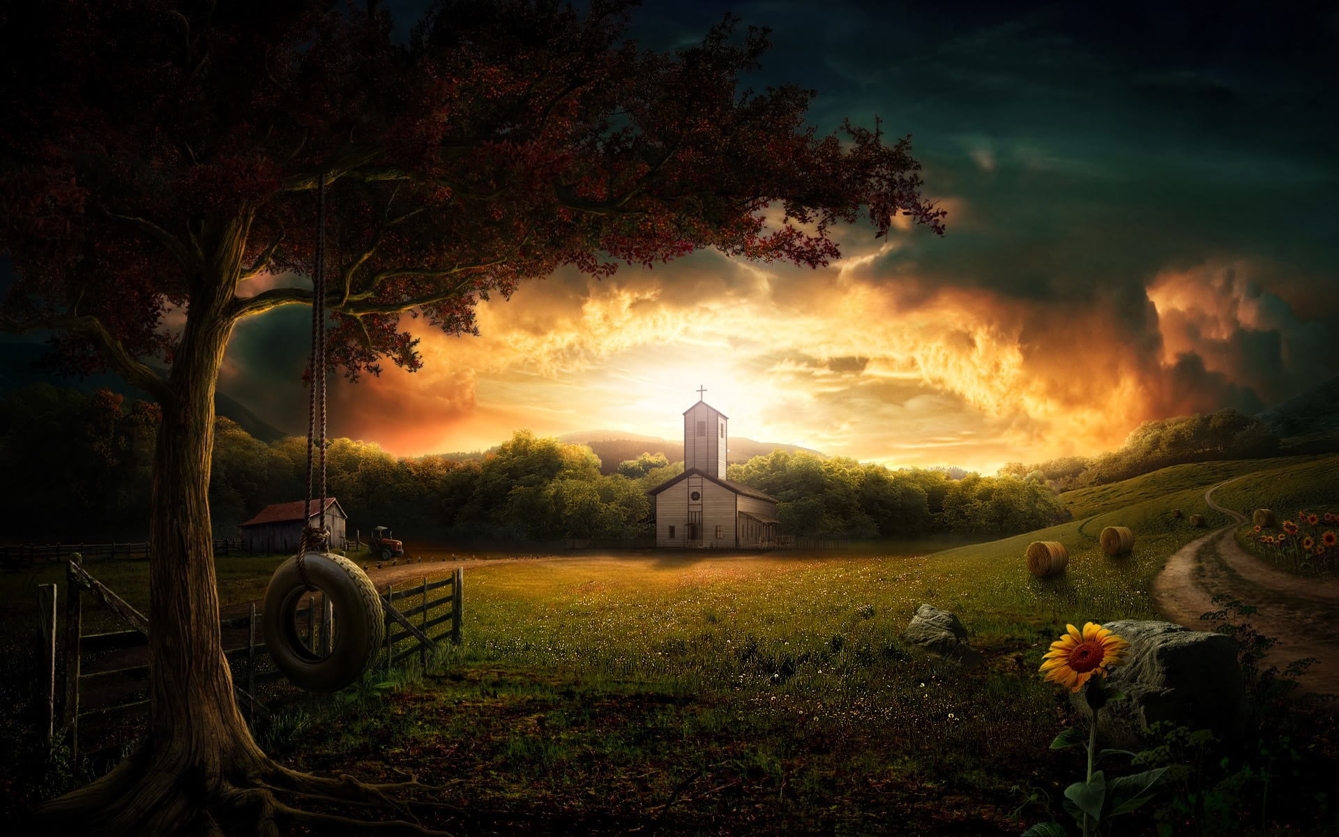 yellow sunflower, church, landscape, fantasy art, flowers