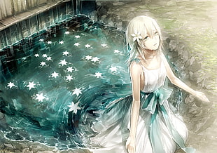 white hair girl wearing white dress anime illustration, NieR, Yonah (Nier), water, flowers