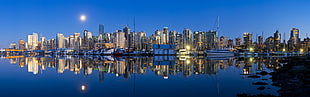 city skyling illustration, cityscape, city, reflection, boat