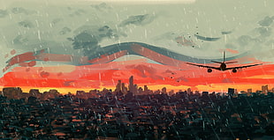 airplane over high rise building digital wallpaper, artwork, illustration, sunset, sky