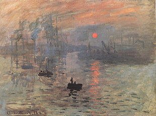 paining of boat during golden hour, artwork, painting, Claude Monet, classic art