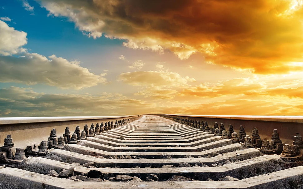 gray metal train rails, railway, clouds, sky HD wallpaper